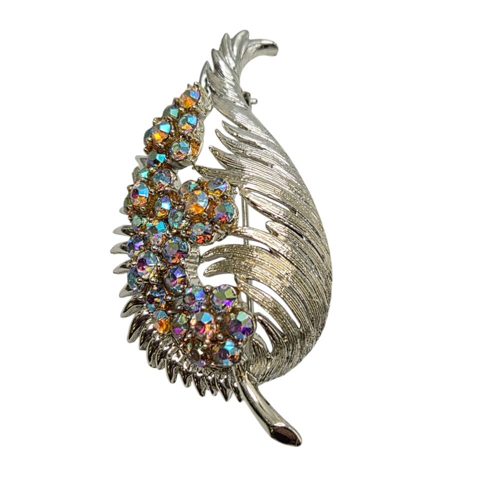 Vintage AB Rhinestone Silver Tone Feather Brooch Statement Pin